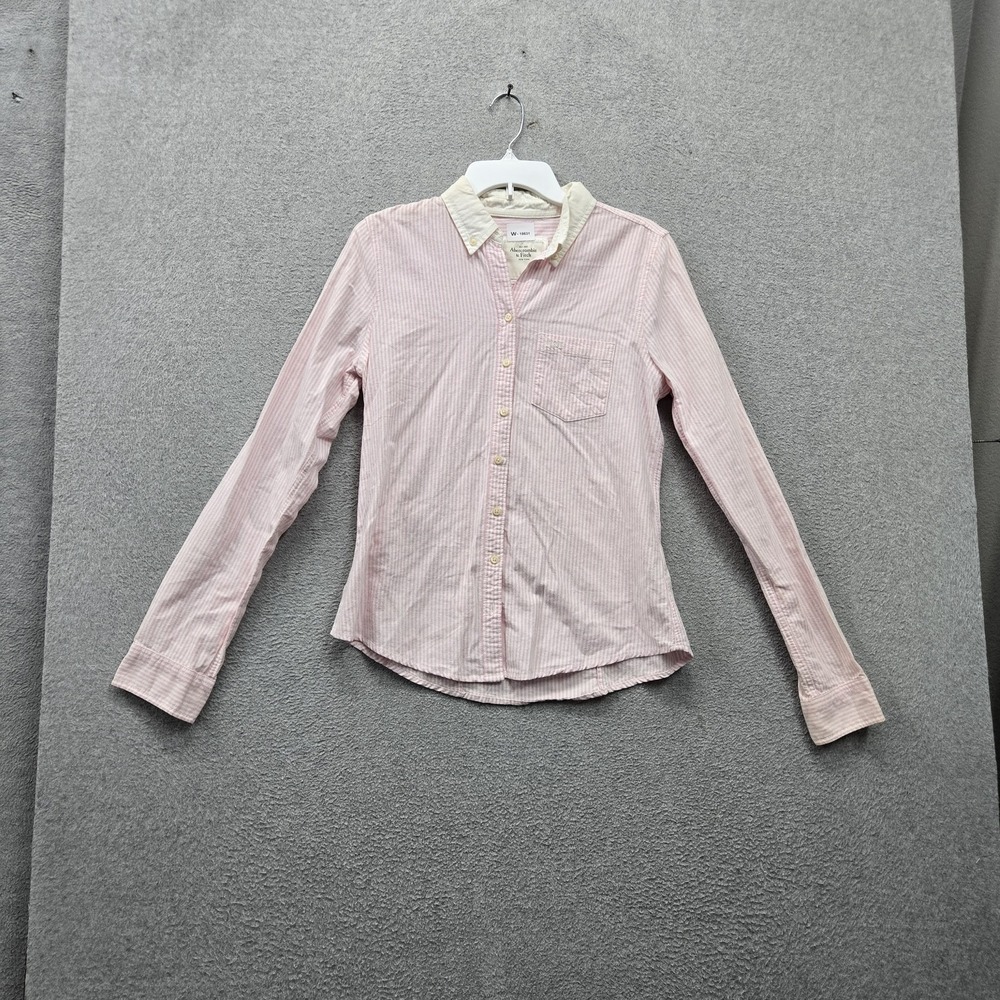 Abercrombie & Fitch Women Button Up Shirt L Pink Striped Long Sleeve Preppy READ